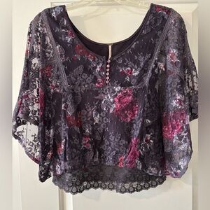Free People Multicolor Floral Sheer/Lace Sleeve Top